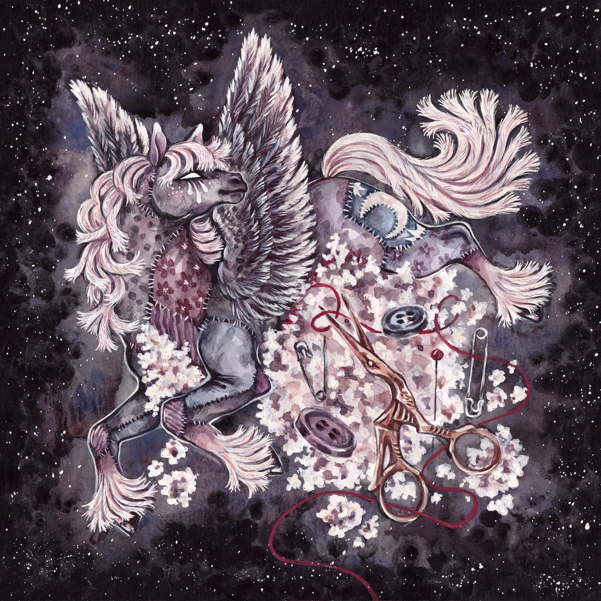 шкурка лошадки побитая временем 
и копытца измазаны потресканным лаком 
сердце тоской отравленное 
в хрупкое тело обратно вшиваю