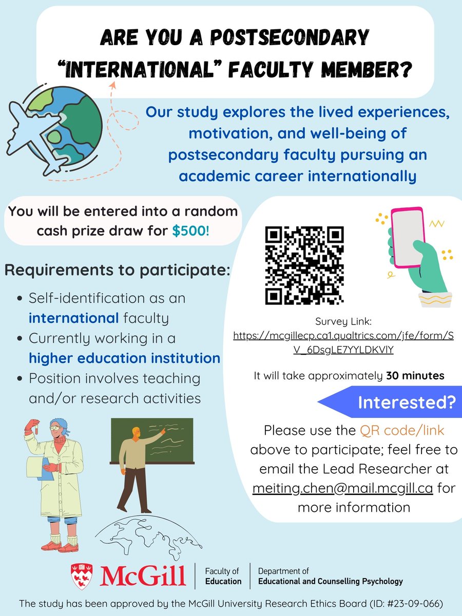 meiting_c's tweet photo. Are you an INTERNATIONAL faculty member? We want to hear from you! Our study is exploring the lived experiences, motivation, and well-being of faculty pursuing an academic career internationally. Please see the poster for more details and share widely!
https://t.co/vOZuBXcucH https://t.co/HIphLaGqEl