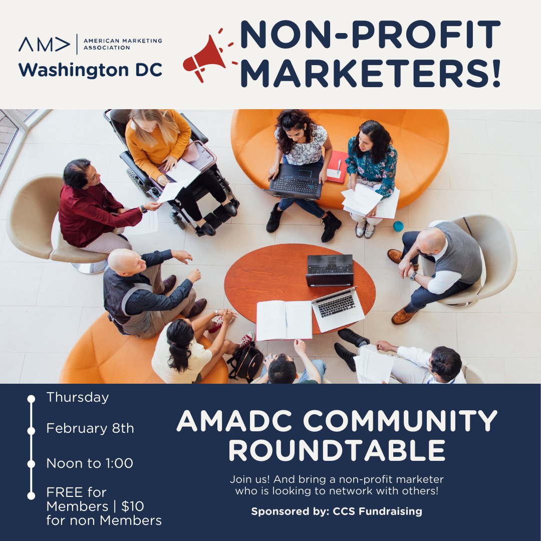 AMADC's tweet image. Join us and other #NonProfitMarketers at our @AMADC Community Roundtable event. 

Register today!
amadc.org/event/amadc-co…

#NonProfitMarketing #CommunityRoundtable