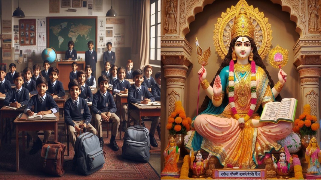 NewsAlgebraIND's tweet photo. BIG BREAKING NEWS 🚨 Rajasthan BJP Govt makes it mandatory for all schools to install idol of Maa Saraswati.

Action will be taken against schools if they won't have any idol or photo of Maa Saraswati.

Dress code also implemented in schools ⚡
Senior Minister Kirodi Lal Meena had said that he would seek a ban on hijab in all Govt and private schools of Rajasthan.