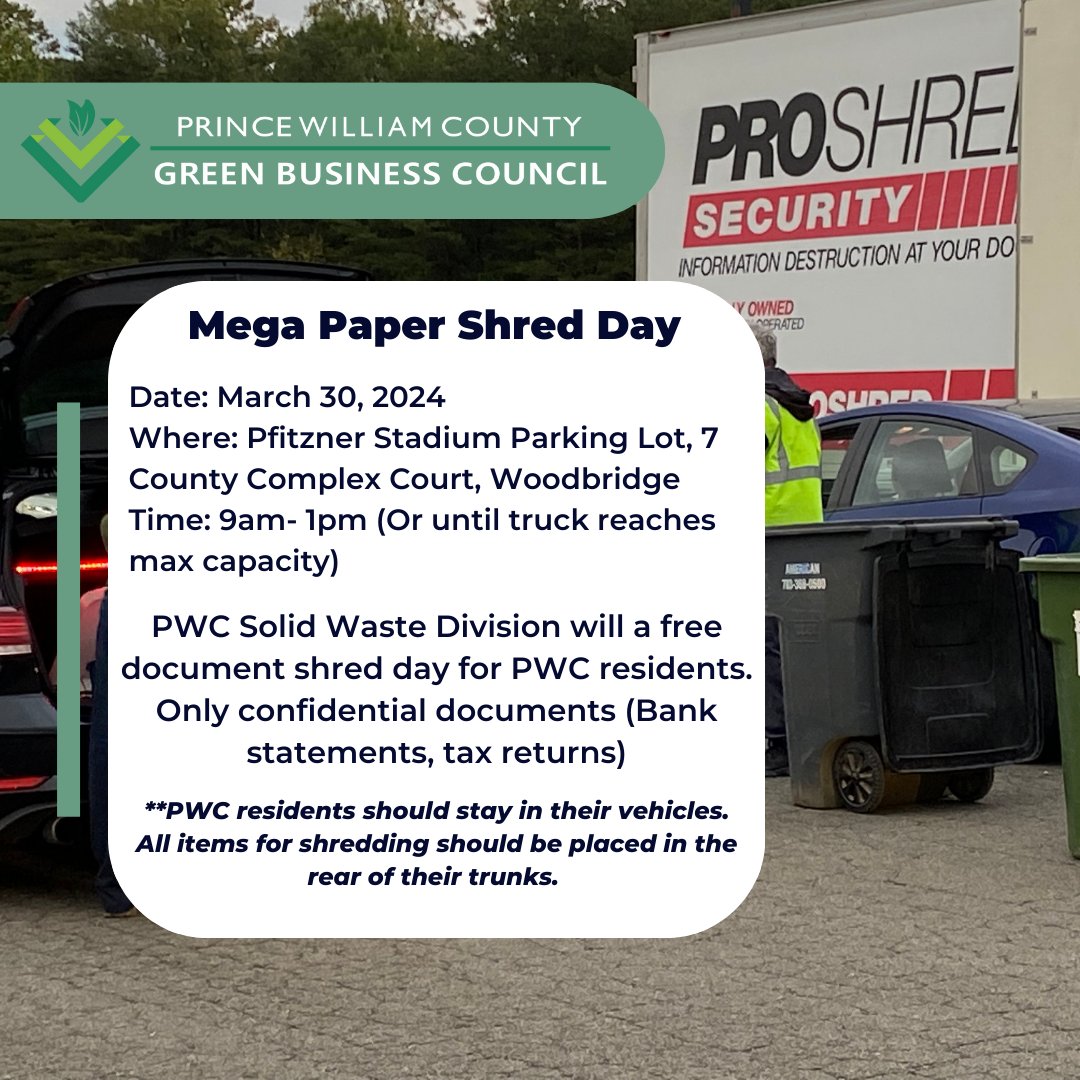 pwcgbc's tweet image. MARK YOUR CALENDARS🗓️

Mega Paper Shred Day! 
PWC Residents may bring the equivalent of up to four boxes (18”x12”x15”) of paper for shredding on-site
at no charge. No business or commercial shredding will be accepted.