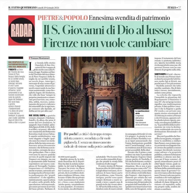 roma7maggio's tweet photo. 📌   Rassegna stampa

Il S. Giovanni di Dio al lusso: Firenze non vuole cambiare

Tomaso Montanari, il Fatto Quotidiano, 29/01/2024
#emergenzacultura #firenze #sangiovanni #patrimonioculturale #svendita https://t.co/4W3wEupq57