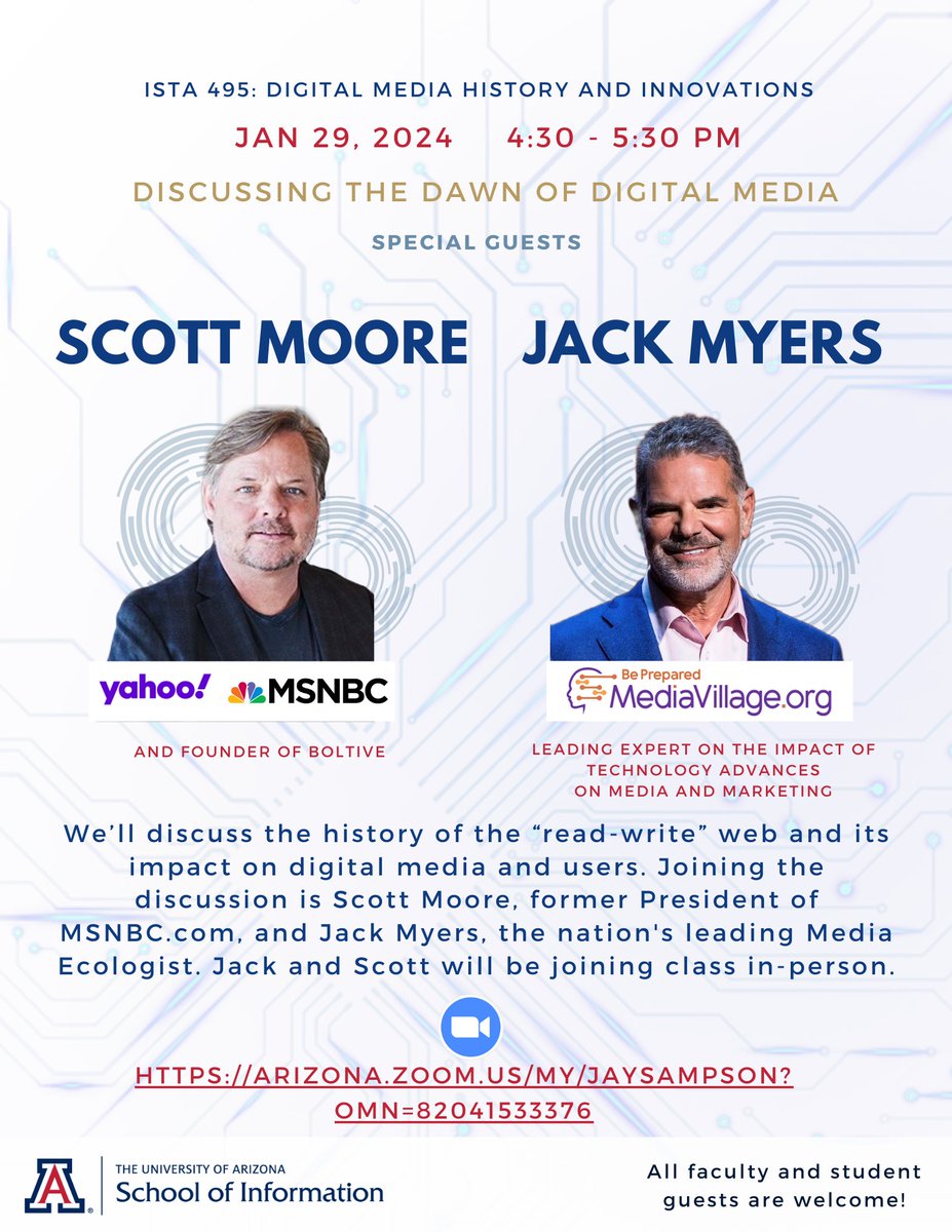 JaySampson's tweet photo. Yesterday, @UAZiSchool had the privilege of hosting Scott Moore &amp; @jackmyersbiz  for a discussion on The Dawn of Digital Media. #grateful to web pioneer Scott and leading Media Ecologist in Jack, share insights &amp; wisdom with class. https://t.co/x7S3MzHXYo