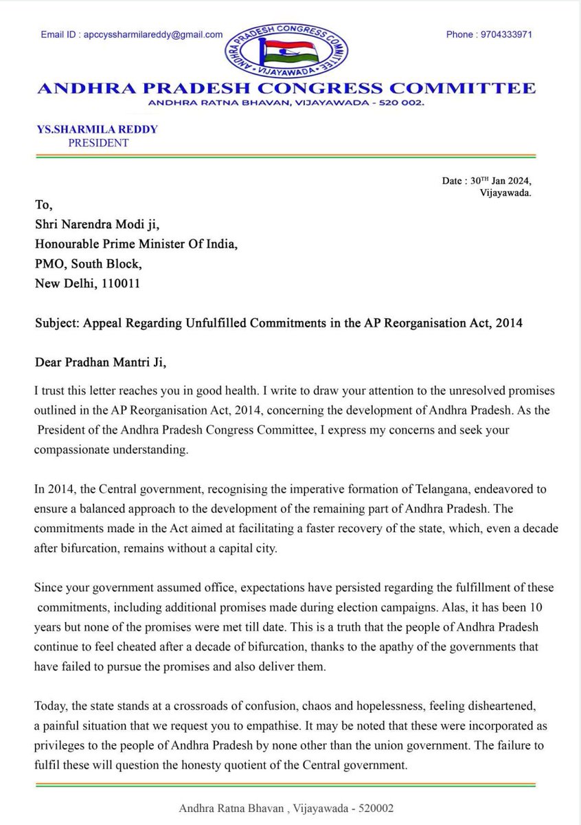 INC_Andhra's tweet photo. In a letter to PM @narendramodi garu, APCC President Smt. @realyssharmila garu expresses the anguish of the people of Andhra Pradesh caused due to the non-fulfilment of promises made in the AP Reorganization Act, (2014) and the privatization of the Visakhapatnam Steel Plant against the wishes of the people.
While the regional parties have abandoned the welfare of people, the Congress party is making every effort to ensure justice for the people of Andhra Pradesh.