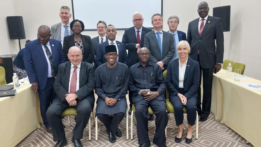 Yesterday, Troika Ambassadors met Commissioner @Bankole_Adeoye, with wider diplomatic community. We welcomed AU, UN & IGAD support for credible & peaceful elections, incl: Gov funding electoral institutions; sufficient political space; & the unification of armed forces #SSOT