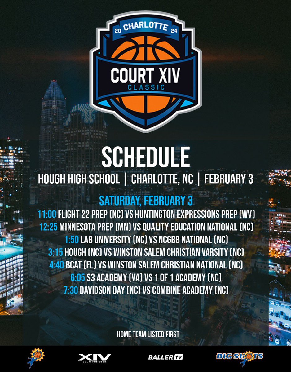 🚨SCHEDULE ANNOUNCEMENT COURT XIV CLASSIC 🗓: February 3, 2024 📍Hough HS | Charlotte, NC ⭐️ Many of the Nation’s Premier Teams x Talent face off in 👑 City‼️ 🎥 National Media | College Coaches 📺 @BallerTV @CourtXIV ➡️ Bigshots.net/CourtXIVClassic