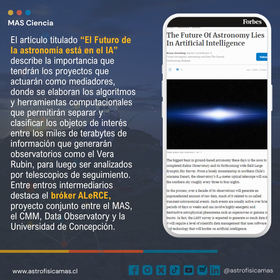 🧵“El Futuro de la astronomía está en el IA” es el título del artículo destacado en <a href="/Forbes/">Forbes</a>, donde se aborda la importancia que tendrán los proyectos mediadores como el <a href="/alercebroker/">alercebroker</a> en la nueva astronomía de grandes cantidades de datos. 
astrofisicamas.cl/articuloforbes…