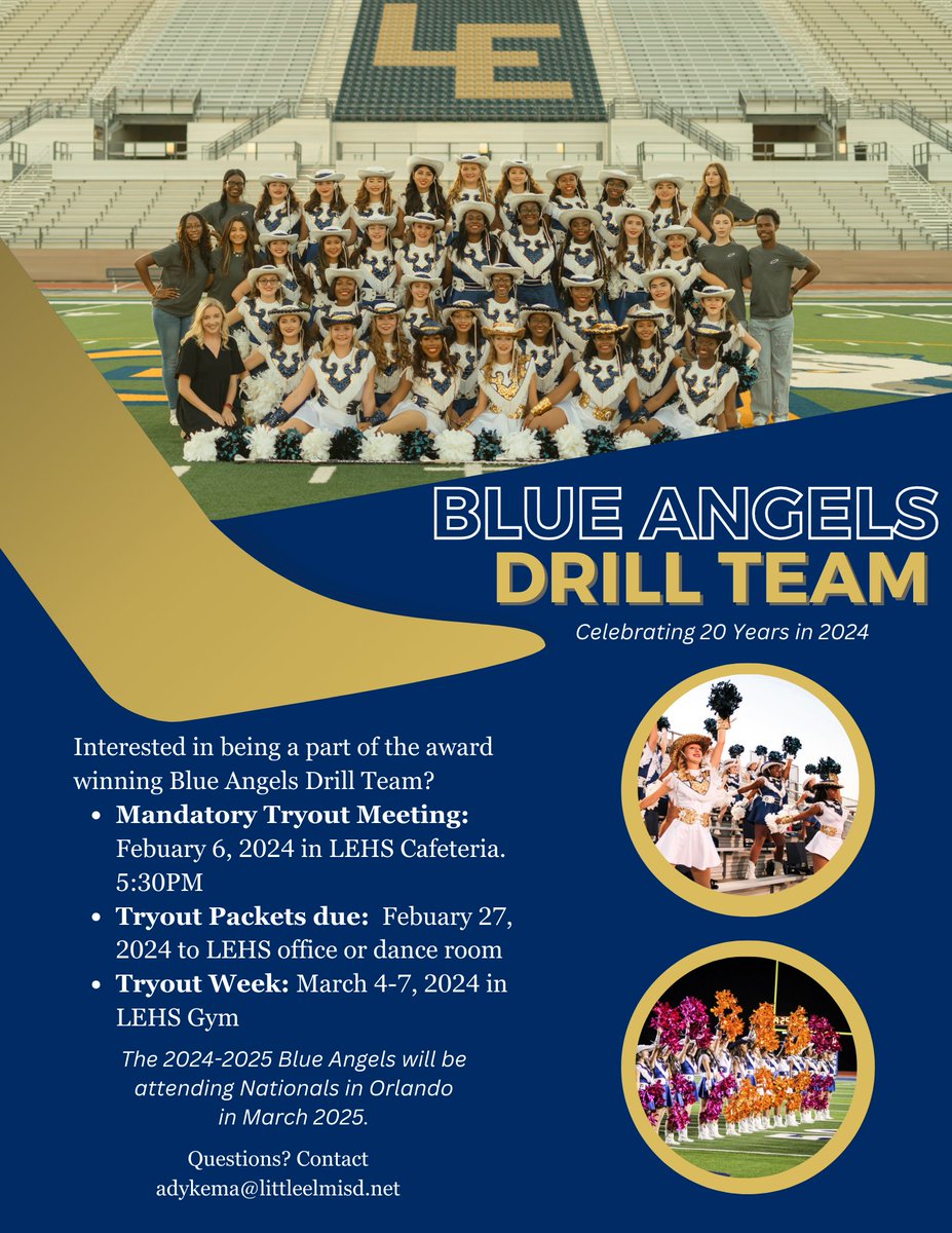 Calling all 8th graders: Interested in joining the LEHS Blue Angels Drill Team? Don't miss their mandatory tryout meeting on Feb 6th @ 5:30 PM in the LEHS Cafeteria. For more info, visit Booth 31 at the High School's Chart Your Course event. See you there! #LEHSBlueAngels