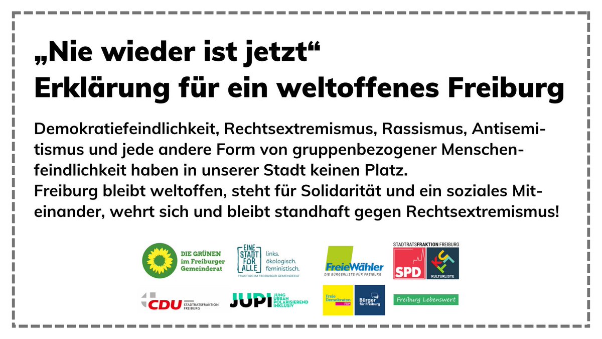 Die demokratischen Fraktionen im Freiburger Gemeinderat haben eine gemeinsame Stellungnahme veröffentlicht. #NieWiederIstJetzt #grfr
fraktion.gruene-freiburg.de/2024/01/30/nie…