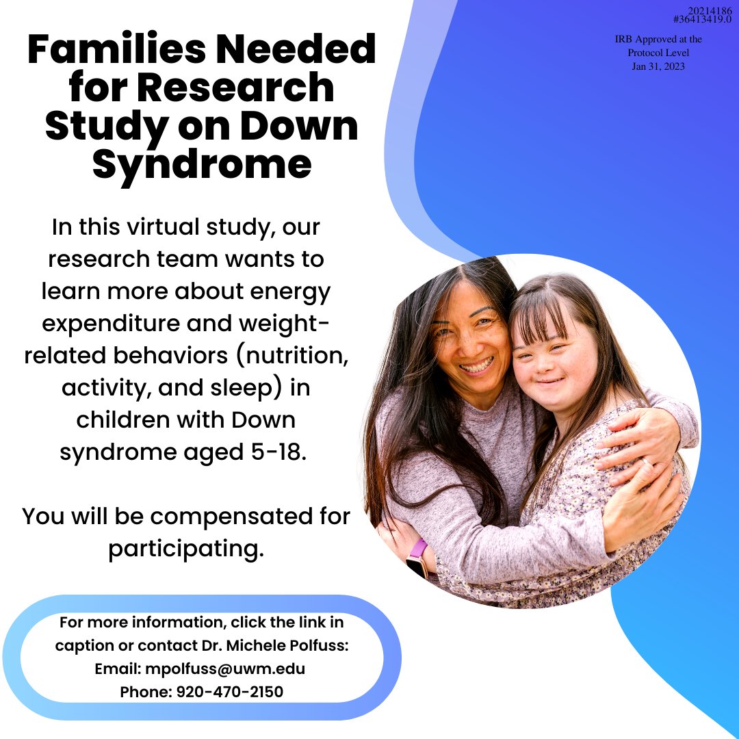 If you have a child between 5-18 years of age with Down syndrome & are interested in hearing more about this research study, “Energy Expenditure and Weight-Related Behaviors in Youth with Down Syndrome” or see if you are eligible, click on the link below. milwaukee.qualtrics.com/jfe/form/SV_em…