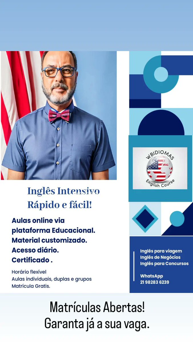wb_idiomas's tweet photo. Mais um ano e você ainda não começou a estudar inglês? Estude na WBIDIOMAS, aqui você fala inglês desde a primeira aula. Aulas customizadas, online, no horário de sua escolha. Material gratuito e certificado oficial. #aulaemcasa #aulasdeconversação https://t.co/XQGwKZiPRJ