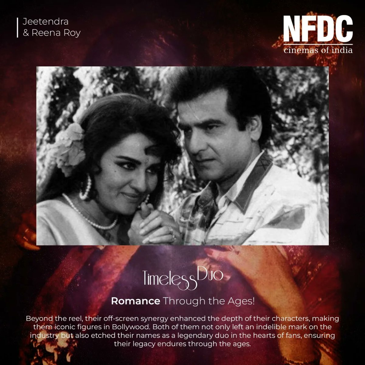 nfdcindia's tweet photo. Jeetendra and Reena Roy proved to be a dynamic duo, with an impressive record of 12 out of 17 romantically paired movies being box office hits. Together, they have graced the screens in a staggering 22 films.
#jeetendra #reenaroy #timelessduo https://t.co/9dPRw7BAnV