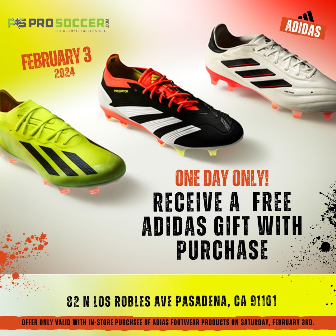 ProSoccerDotCom's tweet photo. ⚡️⚽️ This Saturday, Feb 3rd, adidas and ProSoccer are teaming up to kick your game up a notch! Score a FREE gift with every adidas footwear purchase. Plus, we've got giveaways, grub, and a few surprises. 🎁 Stop by and get lucky! 📍 82 N Los Robles Ave. Pasadena, CA 91101 https://t.co/uHWCYYrjCw