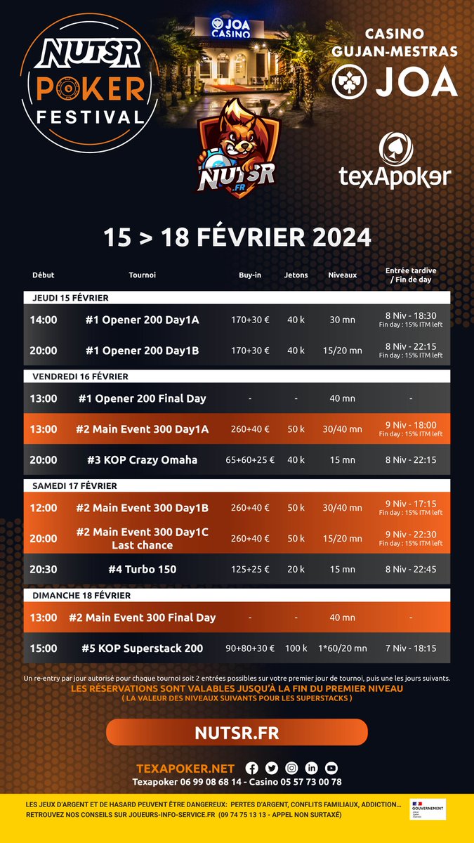 TexapokerLive's tweet photo. 🎉 Texapoker s’associe à @NutsrPoker pour la création du NutsR Poker Festival et sa première édition du 15 au 18 février 2024 au @casino_gujan ! #poker #pokerlive #NutsR 

✍ Infos et réservations https://t.co/5DoyuAUdQI https://t.co/YG8DQmMTIZ