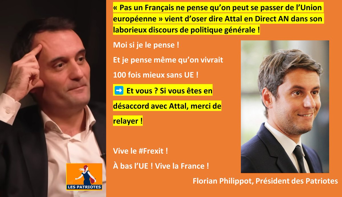 RELAYEZ SVP !
👏👏👏👏👏👏👏👏
✊      À BAS L’UE !      ✊
✊VIVE LA FRANCE !✊
👏👏👏👏👏👏👏👏
VIVE LE #FREXIT !
👉#VivelaFranceLibre !
👉#VIVEleFREXIT !
#ÀbaslUE ! #ViveLaFrance ! #2024RésistanceTotale !
#RejoignezLaRésistance ! #RejoignezLesJustes !
👉les-patriotes.fr