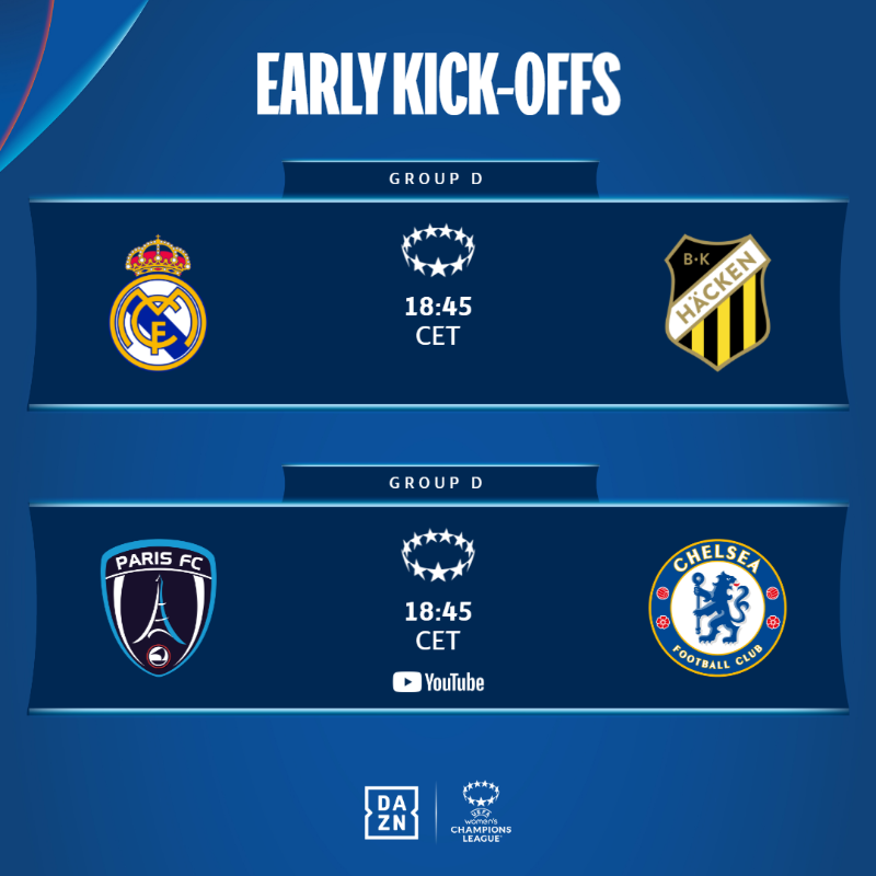 UWCL's tweet photo. Here we go 👀

Watch all matches live and for free on DAZN! 👇

#UWCL