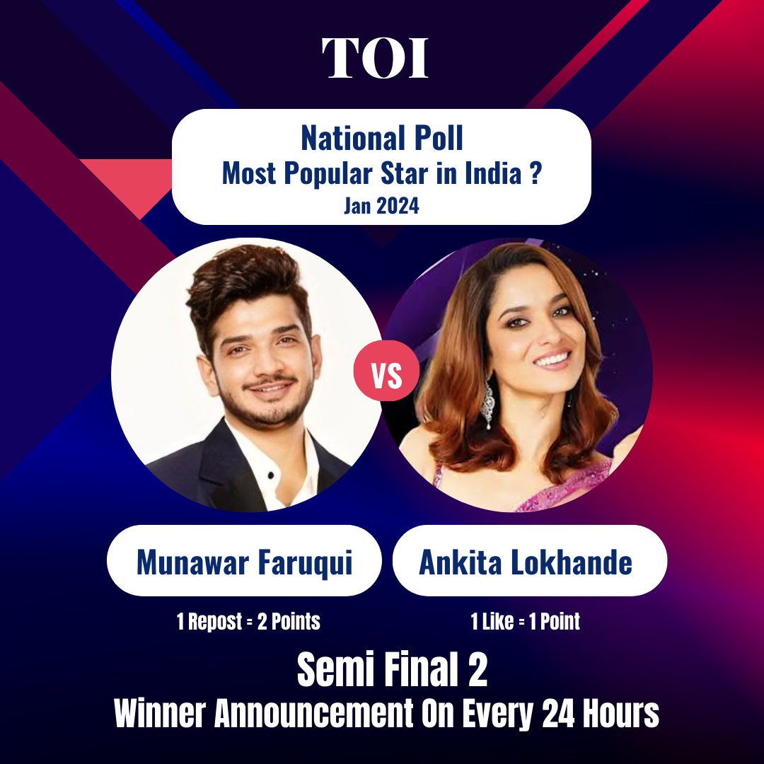 Most Popular Celebrity in India? 
        🔥Semi Final 1🔥

Winner Goes to Qualifiers 🏆🏆🏆 

1 Repost = 2 Points
1 Like = 1 Point 

🔁 #MunawarFaruqui 
♥️ #AnkitaLokhande
