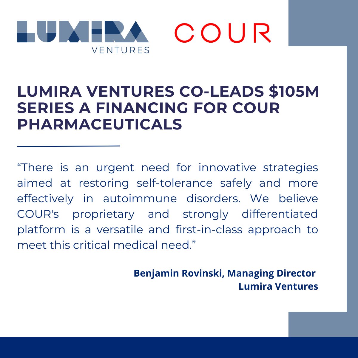 Lumira Ventures (@lumiraventures) on Twitter photo We are excited to co-lead the $105M Series A for COUR Pharmaceuticals, accelerating a unique platform treating autoimmune disorders, along with Alpha Wave Ventures, Roche Venture Fund, Pfizer, Bristol Myers Squibb, Angelini Ventures, and JDRF T1D Fund.
bit.ly/3vVNDh5 We are excited to co-lead the $105M Series A for COUR Pharmaceuticals, accelerating a unique platform treating autoimmune disorders, along with Alpha Wave Ventures, Roche Venture Fund, Pfizer, Bristol Myers Squibb, Angelini Ventures, and JDRF T1D Fund.
bit.ly/3vVNDh5