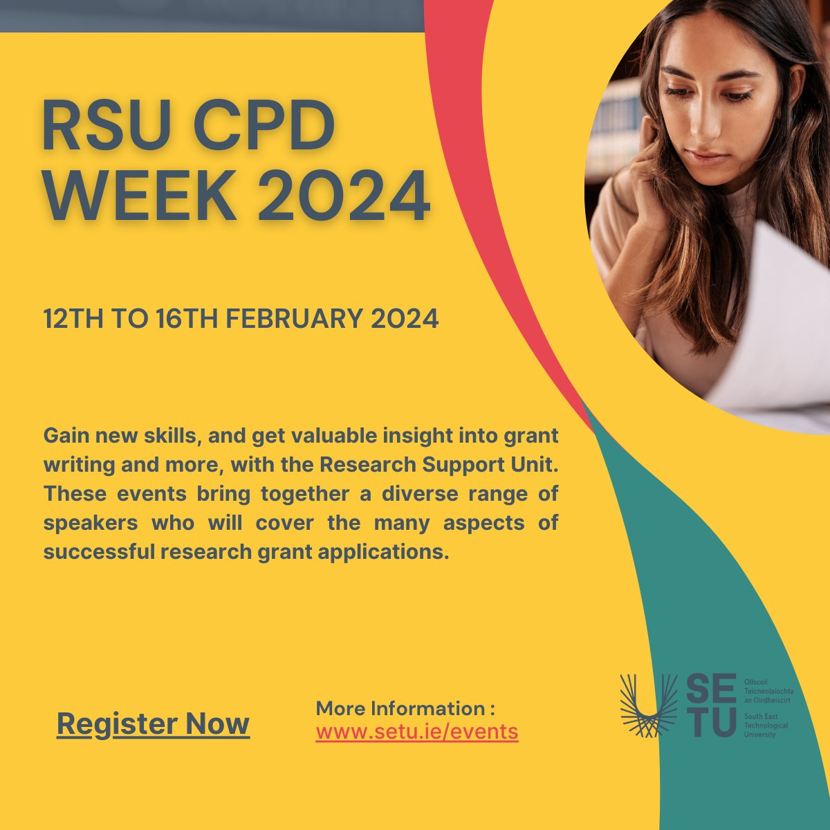 SETU_Research's tweet photo. @SETUIreland is pleased to invite our SETU Research Community to a series of events targeted at researchers of all career stages which will take place from February 12th to 16th, 2024.
#SETUResearch #CPDWeek #InspiringFutures https://t.co/ZZacmtrvIh