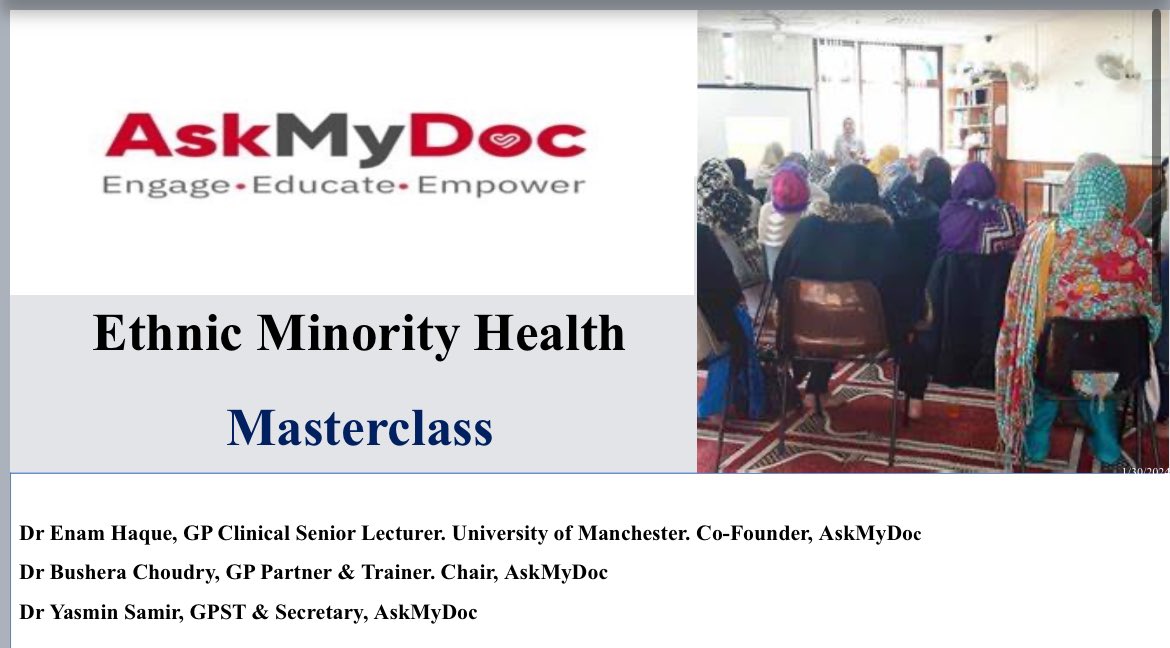 askmydocuk's tweet photo. We are delighted to have presented our ethnic minority health masterclass to 79 colleagues in health &amp; social care and from Manchester City Council. Appreciate the invitation &amp; looking forward to collaborative working, to achieve race &amp; health equity for GM patients. 
#AskMyDoc https://t.co/JJgogWaOXT