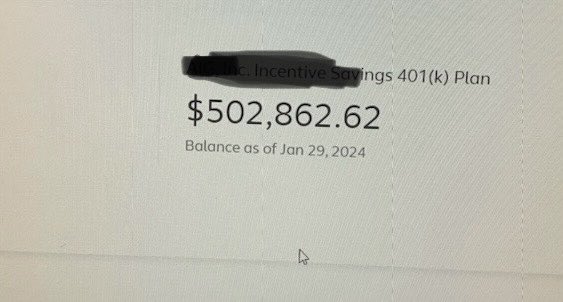 ShaliniInvests's tweet photo. Milestone update: My husband’s 401k crossed the $500k mark 🤩💰💵 https://t.co/zFCEG2Jxfo