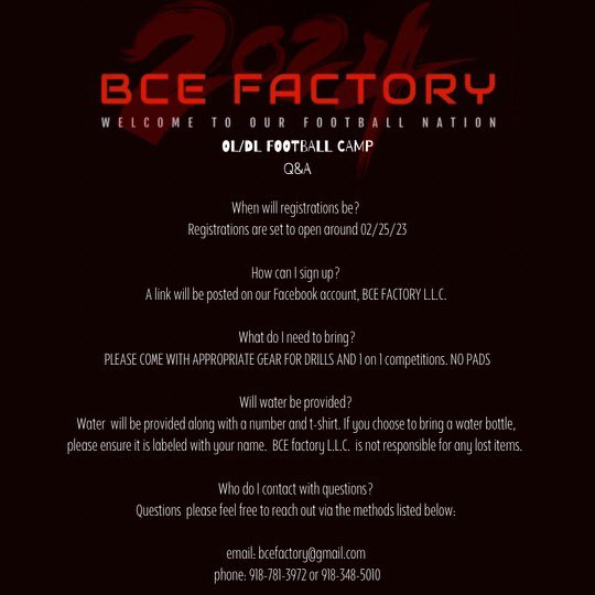 BCE FACTORY IS HOSTING A OL/DL CAMP WITH BIG TIME COACHES GET BETTER!!! COME COMPETE!!! 1 ON 1 COMPETITION!!!
<a href="/RobThomas98/">Robert Thomas II</a> <a href="/TheCoachJoShow/">Prentice</a> <a href="/Kaleb__Huston/">Kaleb Huston</a> <a href="/ParkerPellett/">Pj</a> <a href="/anthonywat2024/">Anthony Watson💫🌟</a> <a href="/BceFactory3678/">BCE_FACTORY Receiver Teacher</a>