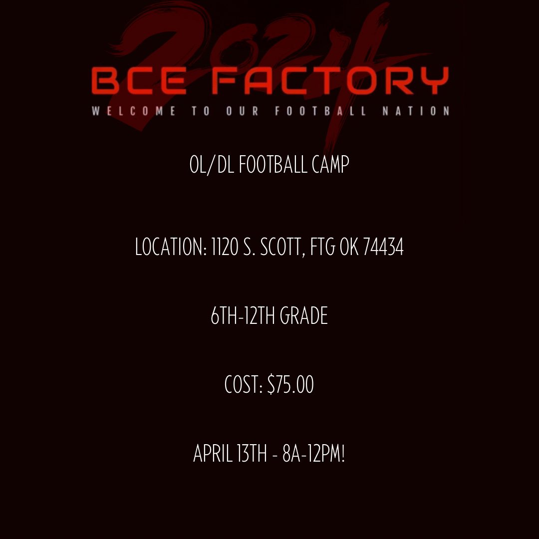 BceFactoryOL_DL's tweet photo. BCE FACTORY IS HOSTING A OL/DL CAMP WITH BIG TIME COACHES GET BETTER!!! COME COMPETE!!! 1 ON 1 COMPETITION!!!
@RobThomas98 @TheCoachJoShow @Kaleb__Huston @ParkerPellett @anthonywat2024 @BceFactory3678 https://t.co/V7egxRfCbd
