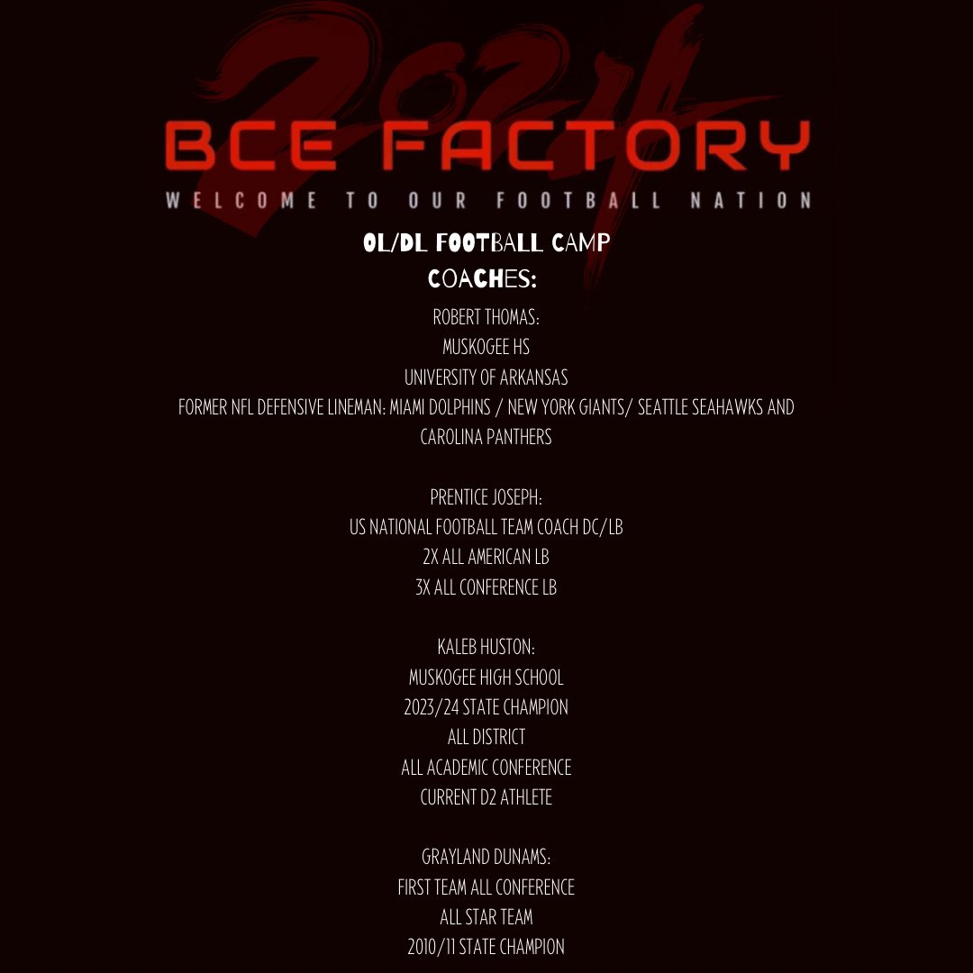 BceFactoryOL_DL's tweet photo. BCE FACTORY IS HOSTING A OL/DL CAMP WITH BIG TIME COACHES GET BETTER!!! COME COMPETE!!! 1 ON 1 COMPETITION!!!
@RobThomas98 @TheCoachJoShow @Kaleb__Huston @ParkerPellett @anthonywat2024 @BceFactory3678 https://t.co/V7egxRfCbd