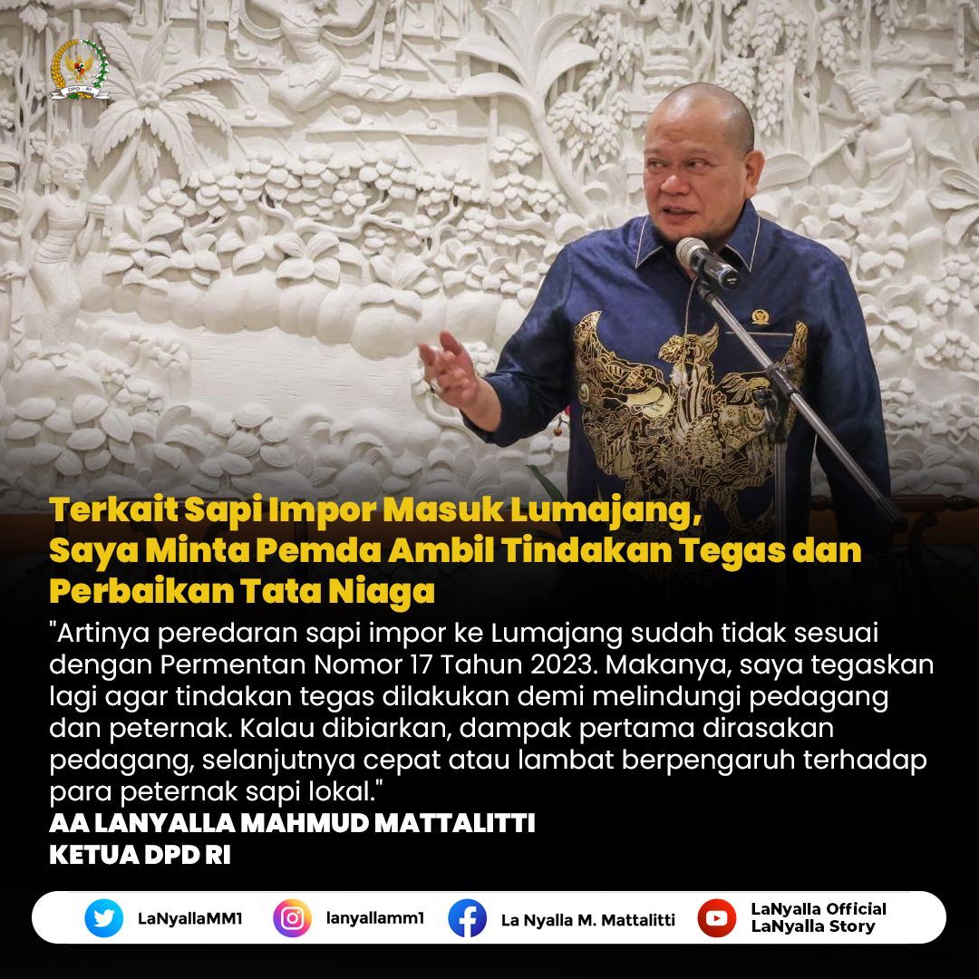 AMahardiga's tweet image. Selama 3 bulan terakhir sapi potong impor telah masuk ke Kabupaten Lumajang secara ilegal. Saya meminta Pemerintah Daerah bertindak tegas, karena selain melanggar aturan, juga menggangu tata niaga perdagangan sapi di Lumajang dan Jawa Timur.

#LaNyalla