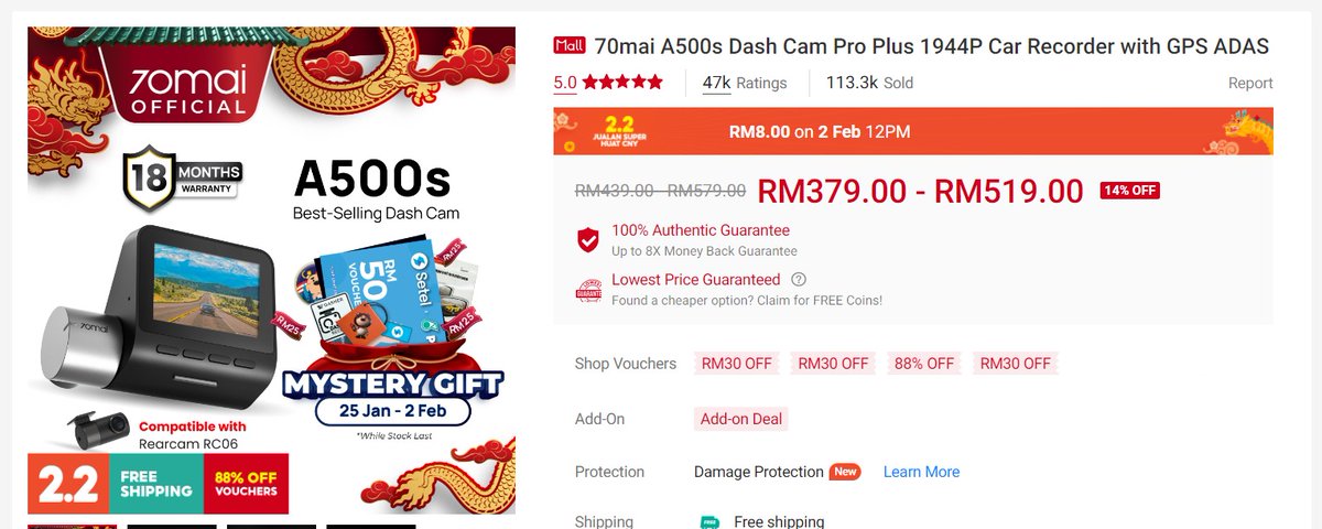 wowbuz's tweet photo. PERHATIAN ‼️

Akhirnya 70mai A500s Dash Cam paling laris masuk dlm list promo RM 8 jerr pada 2.2.23A ni gaiss‼️🤯Add to cart dulu siap2  tak nak kalut nanti🤩🫰

Pakat2 tag clan masing2 manataw ada rezeki kali ni ✨

Masa ini la kelajuan tenet anda akan benar2 teruji 🫣 https://t.co/fpCdkfdnsd
