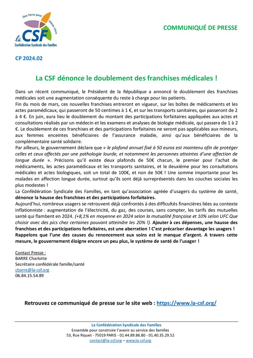 La Confédération Syndicale des Familles, en tant qu’association agréée d’usagers du système de santé, dénonce la hausse des #franchises et des participations forfaitaires.