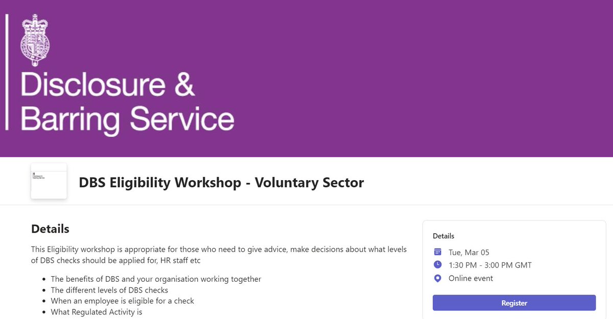 DBS Eligibility Workshop - Voluntary Sector

🗓️Tuesday, 5th March 2024
🕜1.30pm-3.00pm
📍Online event

This FREE Eligibility workshop is appropriate for those who need to give advice, make decisions about what levels of DBS checks should be applied for.

tinyurl.com/2nb9y9md