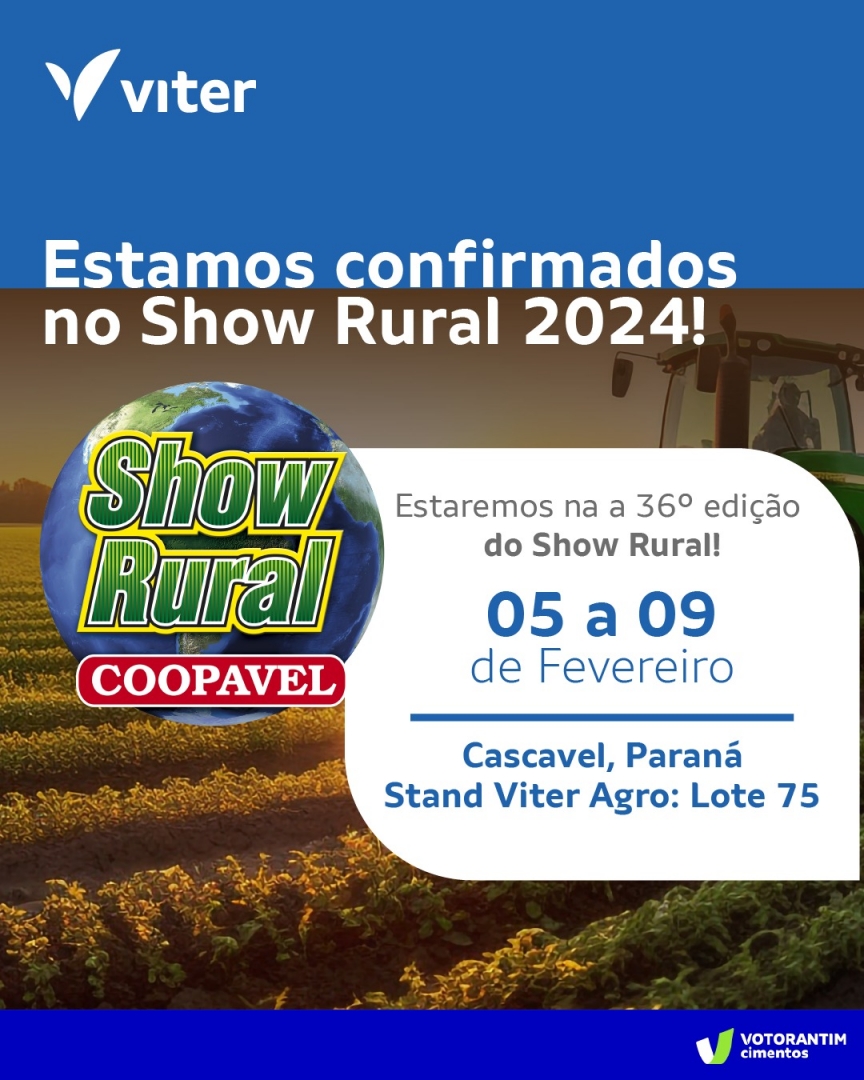 ViterAgro's tweet photo. Vem chegando mais uma edição do Show Rural Coopavel, e nossa presença já está confirmada!

Esperamos por você!  
- 📅 Data: 05 a 09 de fevereiro de 2024
- 📍 Local: Cascavel, Paraná
- 🛍 Stand Viter : Lote 75

#showrural #showrural2024 https://t.co/fKrRk4Zbtf