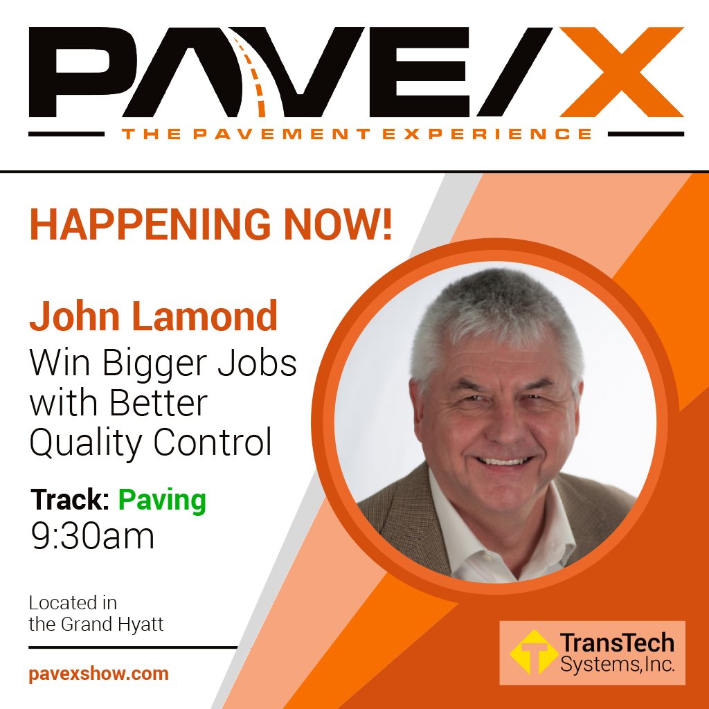 TransTechSystem's tweet photo. Happening now at PAVEX 2024! 🔥 Our very own John Lamond will be talking about Winning Bigger Jobs with Better Quality Control starting at 9:30am at the Grand Hyatt, you don't want to miss it! 🤜🤛 https://t.co/rJwZNyDavO #TransTechSystems #PaveXShow #QCForEveryone https://t.co/zxqQs6KX3U