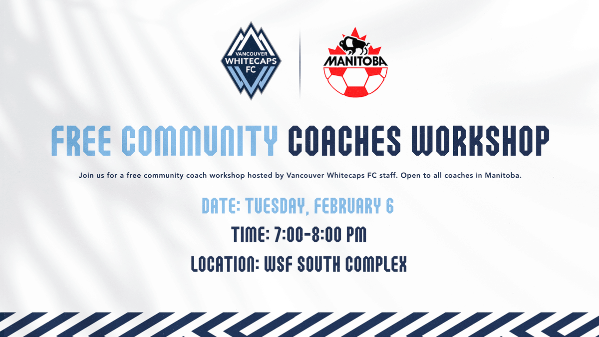 ManitobaSoccer's tweet image. Join us for the Free Community Coaches Workshop hosted by Nick Dasovic from Vancouver Whitecaps FC on February 6 at WSF South Complex, 7:00-8:00 pm
Open to all coaches in Manitoba! Secure your spot now - RSVP using the link docs.google.com/forms/d/e/1FAI…
#CoachingCommunity #WhitecapsFC
