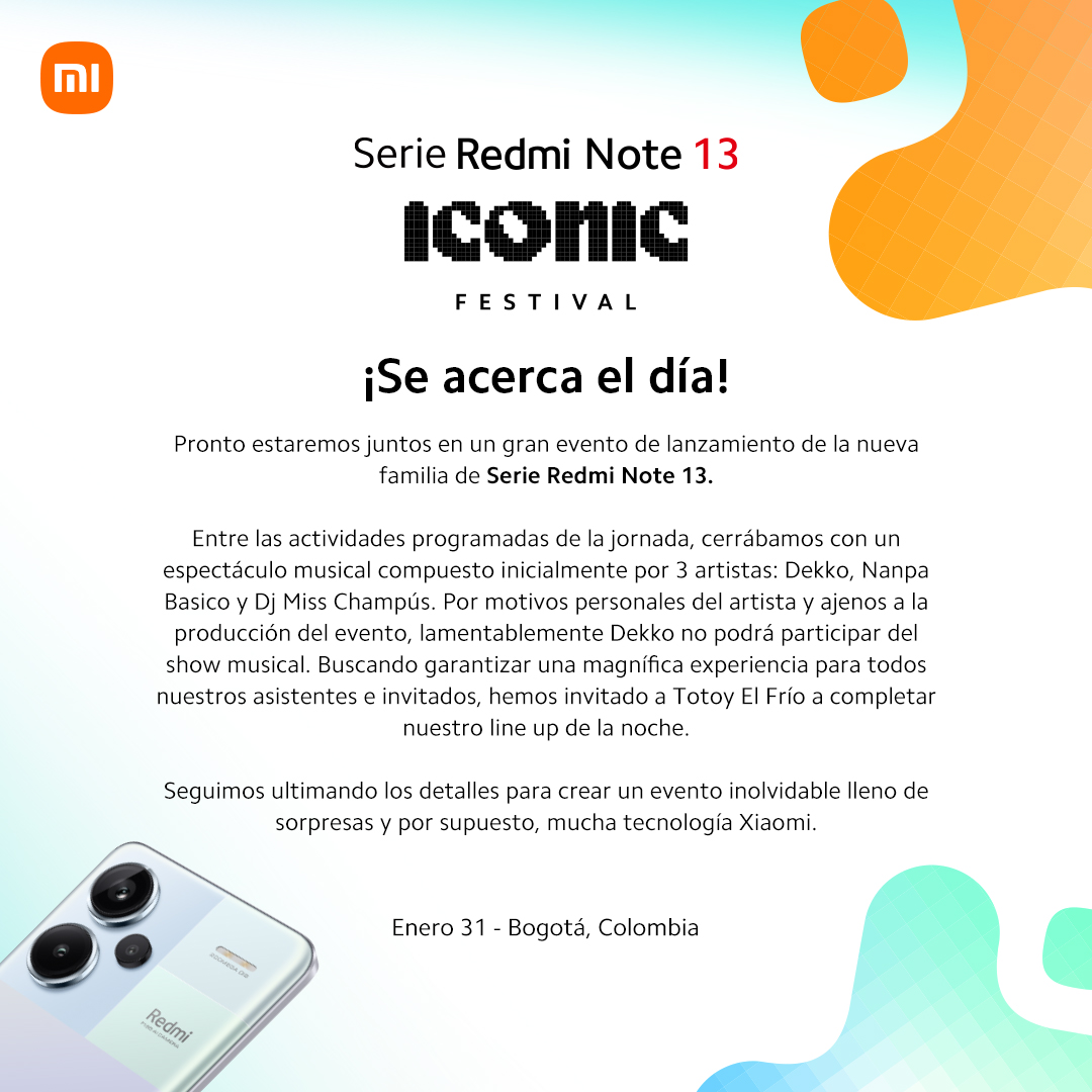 XiaomiColombia's tweet photo. ¡La fiesta no para en el Iconic Festival! Totoy El Frío será uno de los encargados de hacernos vibrar este 31 de enero. https://t.co/OXq5YHmDnb