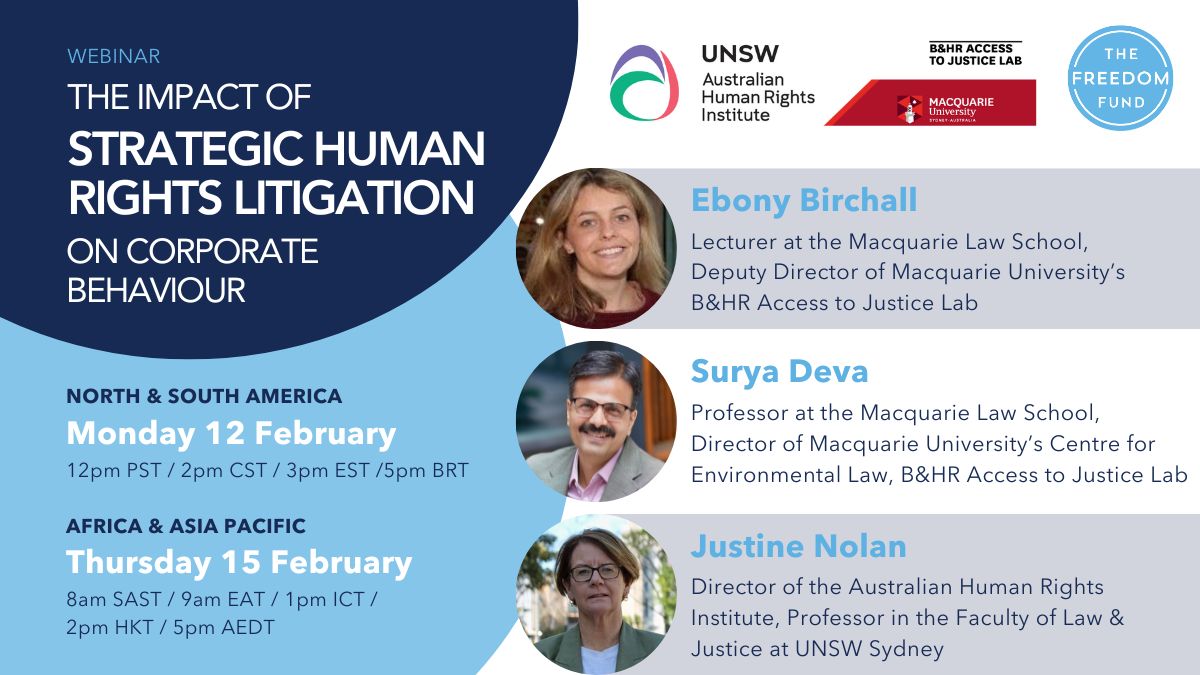 Join us for a webinar discussing our recent report 'The Impact of Strategic Human Rights Litigation on Corporate Behaviour' with authors <a href="/ProfSuryaDeva/">Surya Deva</a> <a href="/justine_nolan/">Justine Nolan</a> <a href="/Ebony_Birchall/">Ebony Birchall</a>

12 Feb: North &amp; South America
15 Feb: Africa &amp; Asia Pacific

Register⬇️
forms.gle/91YmCprc22NU9k…