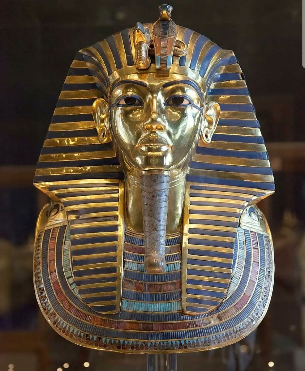 archeohistories's tweet photo. The Gold Mask of Tutankhamun :

This funerary mask was discovered by Howard Carter in 1925 in the Valley of the Kings, Luxor, Egypt. The mask was discovered in the Tomb of 18th dynasty Ancient Egyptian Pharaoh Tutankhamun who reigned from 1334-1325 BC. 

Carter wrote of the moment it was discovered :

"The pins removed, the lid was raised. The penultimate scene was disclosed – a very neatly wrapped mummy of the young king, with golden mask of sad but tranquil expression, symbolizing Osiris … the mask bears that god's attributes, but the likeness is that of Tut.Ankh.Amen – placid and beautiful, with the same features as we find upon his statues and coffins. The mask has fallen slightly back, thus its gaze is straight up to the heavens."

The mask is 54cm tall, 39cm wide and 49cm deep. It weighs over 10 kilograms and is made from two layers of high-karat gold as well as copper, coloured glass and gemstones. On the back of the mask, on the back and shoulders, is an inscription which is translated : "Strength opens its wings to those who deserve it, and death spreads its wings to every coward."

Egyptian Museum, Cairo

📷© Roland Unger

#archaeohistories