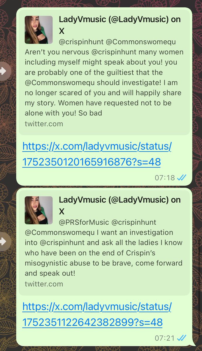 LadyVmusic's tweet photo. These are the posts you may or may not be able to see and what I have publically shared with @Commonswomequ #metoo #MeToo #crispinhunt 
I know a lot of my fellow ladies are scared to speak out but we must be brave and call out these men who abuse their positions of power. https://t.co/P1L9BYPo67