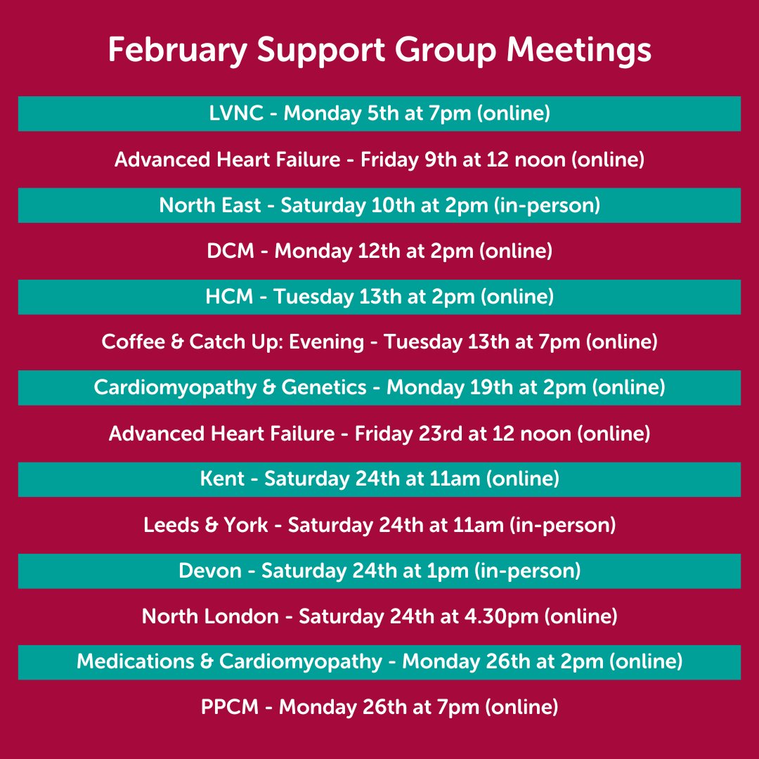 ❤ Cardiomyopathy UK February Support Group Meetings ❤️ For more information ⬇️ 🔎cardiomyopathy.org/support-groups 💌services@cardiomyopathy.org #cardiomyopathy