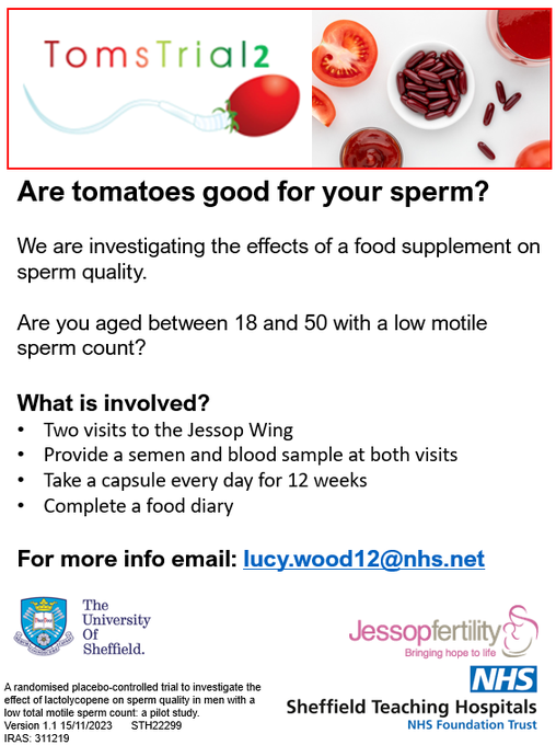 Are tomatoes good for your sperm? We are investigating the effects of a food supplement on sperm quality. For more info email: lucy.wood12@nhs.net