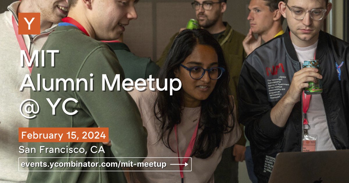 ycombinator's tweet photo. We're hosting a gathering for MIT alumni in the Bay Area who are interested in startups.

Come meet top MIT alumni in the startup world, including YC Partners and some of YC’s most successful startup founders, like @kvogt, founder of @Twitch + @Cruise.

➡️https://t.co/EXeFlDl3ke https://t.co/zS4q7H1HVF