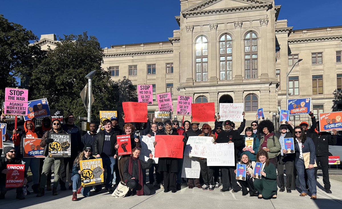 ‼️Brian Kemp is a Union Buster! ✊

This morning Atlanta DSA, the Atlanta-North Georgia Labor Council, United Campus Workers, IUPAT, Teamsters 728, AFA-CWA, and other unions rallied outside the GA State Capitol against Brian Kemp’s new union busting bill, HB 362.