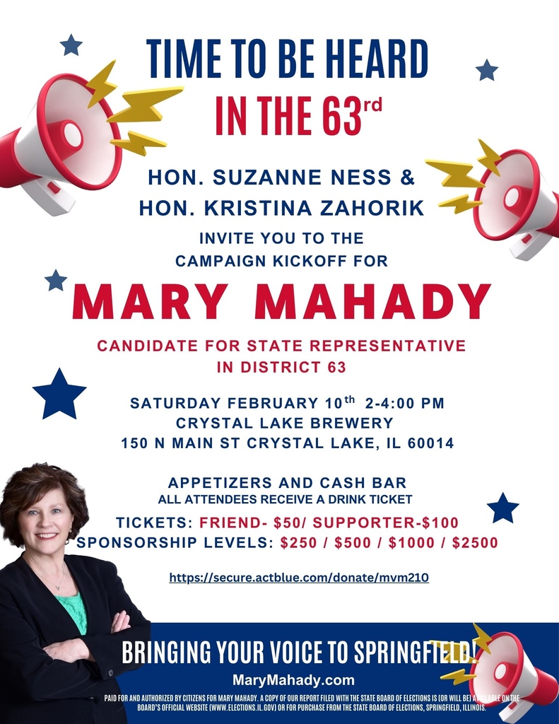 Thrilled to host a campaign kickoff for Mary Mahady, running for State Representative in District 63! Support Mary by attending or donating: secure.actblue.com/donate/mvm210 Let's bring a Democrat to McHenry County! #MaryMahady #CampaignKickoff #SupportLocalPolitics