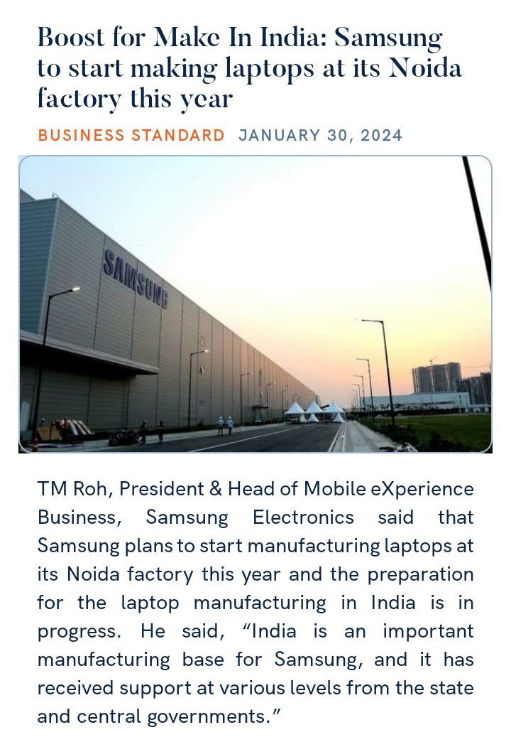 NtfNda's tweet photo. Boost for Make In India: Samsung to start making laptops at its Noida factory this year
https://t.co/n8nVhupVx8

via NaMo App https://t.co/q3A89uu1P8