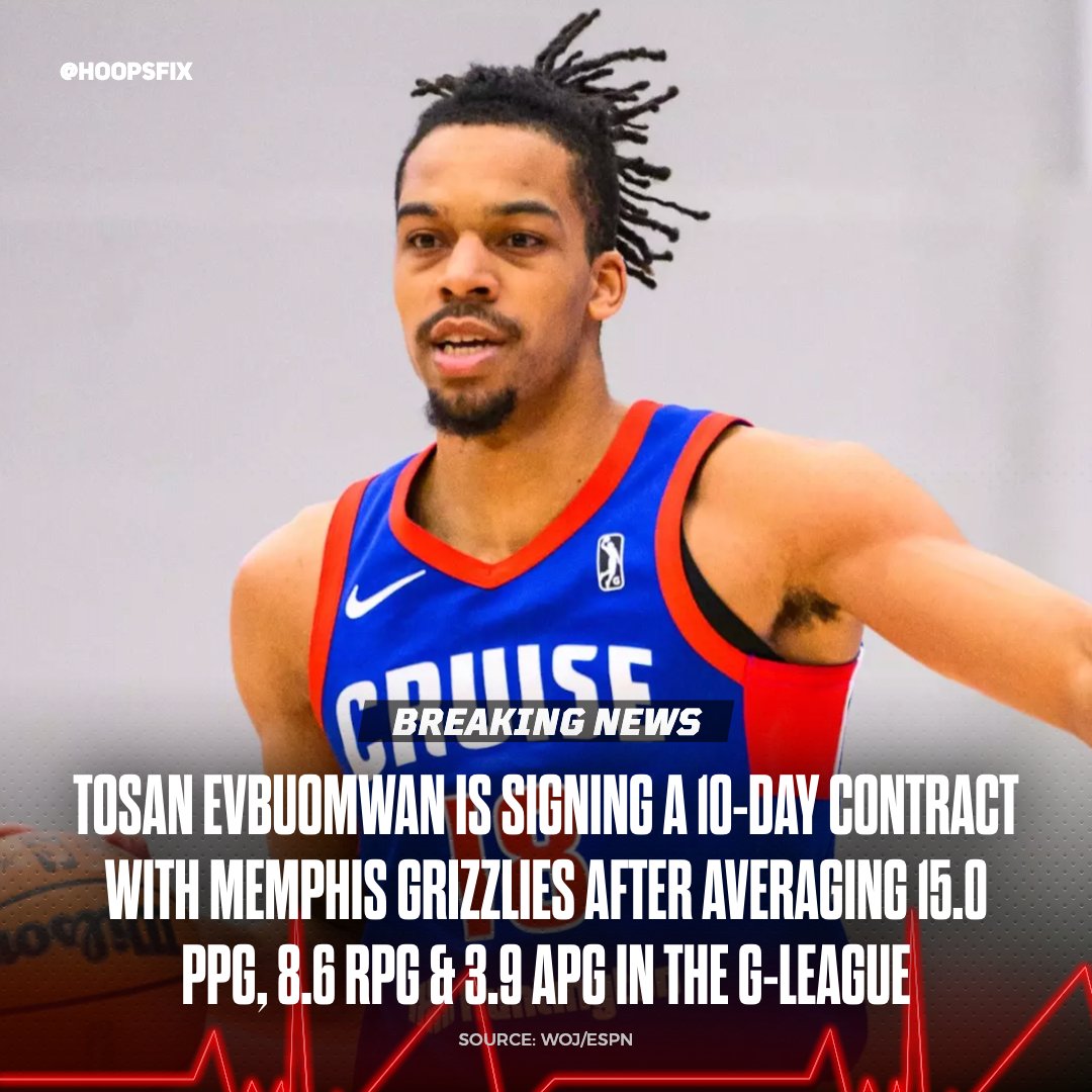 Hoopsfix's tweet photo. ‼️ @Tosan_Evb is signing a 10-day contract in the NBA with @memgrizz after impressing in the G League with Motor City Cruise!

(via @wojespn) https://t.co/QTCNvzi1r4