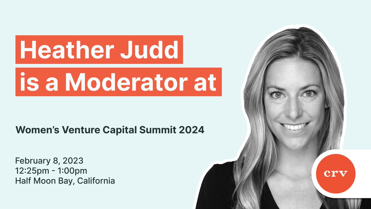 CRV's tweet photo. Our head of investor relations, @HeatherLeeJudd, is taking the stage as a moderator at the Women's Venture Capital Summit. Don't miss out on this insightful panel discussion. Secure your spot now at: https://t.co/jPWiitHcaa #CRVVC #PowerToTheCommunity https://t.co/FFmmk7RUpZ