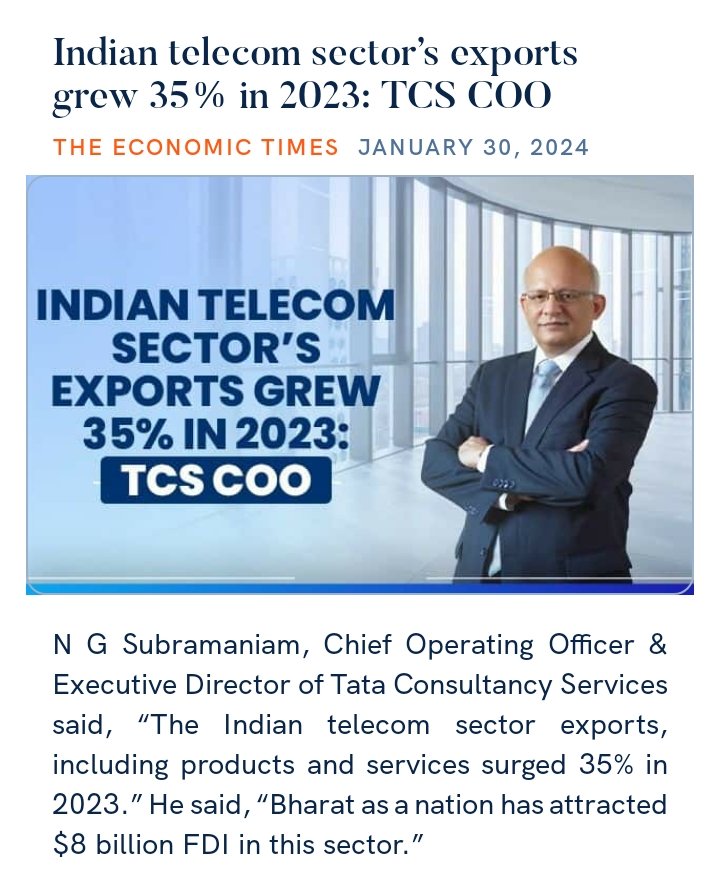 NtfNda's tweet photo. Indian telecom sector’s exports grew 35% in 2023: TCS COO
https://t.co/9teH8oGRJf

via NaMo App https://t.co/Tknp4F7Ina