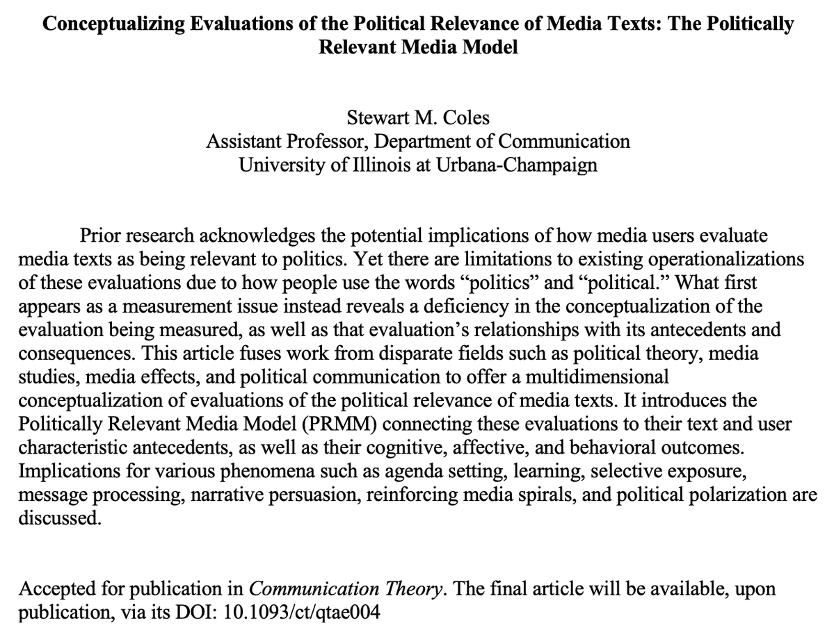 My paper, "Conceptualizing Evaluations of the Political Relevance of Media Texts: The Politically Relevant Media Model," has been accepted at <a href="/icahdq/">International Communication Association</a> Communication Theory! More to follow once the final version is published, but just glad this will be out in the world soon!