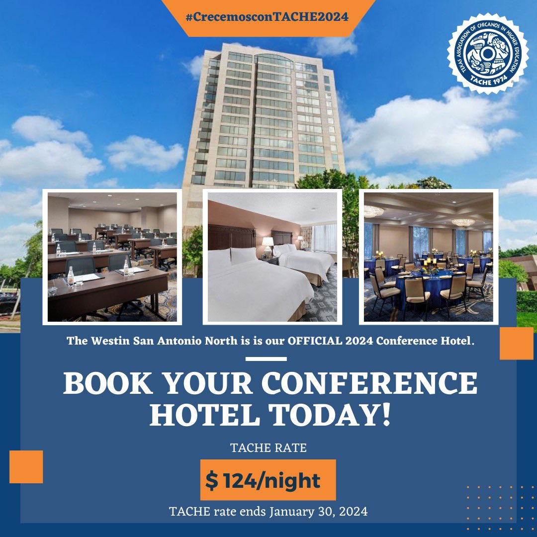 Tache_ista's tweet photo. 🏨 Secure your spot at the heart of the TACHE action! 🌟 Book your stay at The Westin San Antonio North, our official 2024 Conference Hotel, before the TACHE rate ends TODAY!  #TACHEConference #ConferenceHotel #WestinSanAntonioNorth #BookNow #TACHERate #AnnualConference https://t.co/PBsgzWpxjl